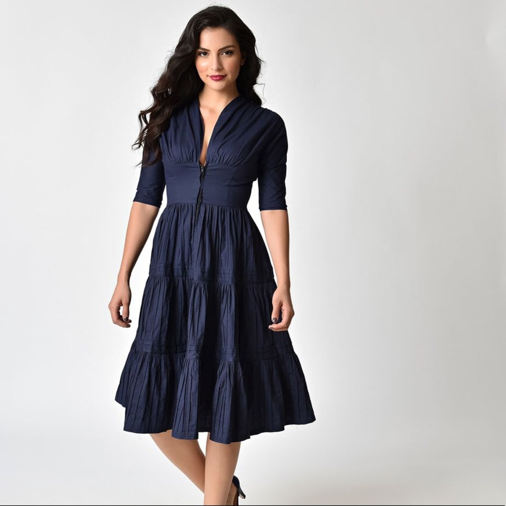 Fit & flare Navy “Holt” swing dress w/ 3/4 sleeves